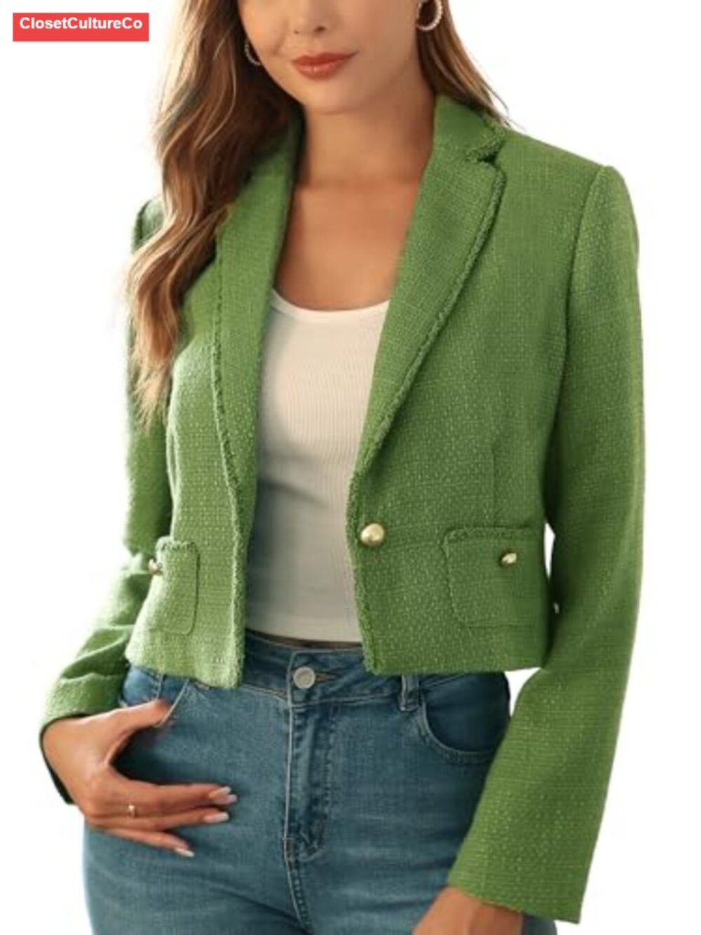 Tweed Blazer Cropped Notch Lapel Pearl Buttons Fringe Lined Business Casual